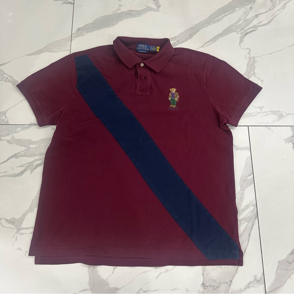 Polo Ralph Lauren Men's Sz XL Burgundy Polo Bear Custom Slim Fit Mesh Polo Shirt